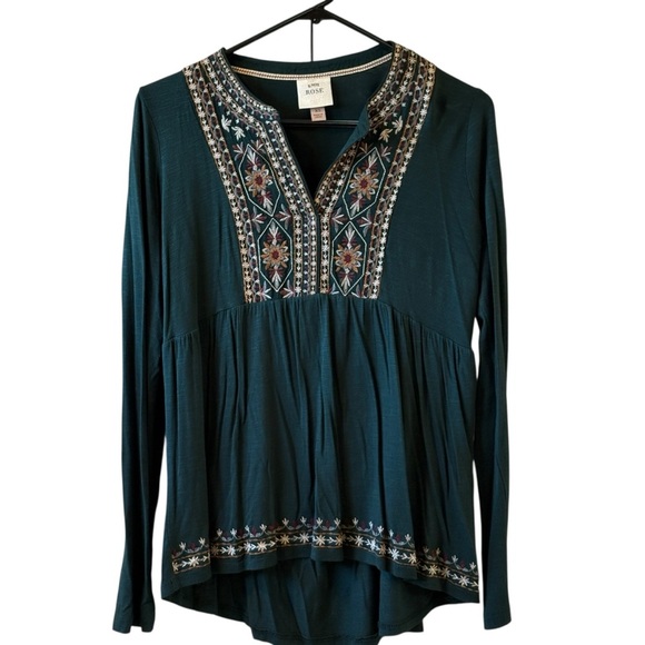 Knox Rose Embroidered Knit Top Dark Green Boho Shirt Size XS - Picture 1 of 6